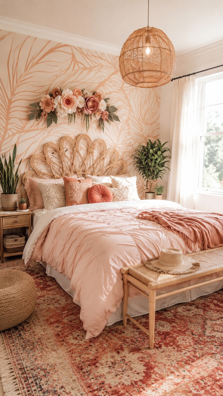 Blush boho bedroom with pale pink bedding, scalloped rattan headboard, botanical wallpaper, floral wall garland, rattan pendant light, bench, and vintage rug