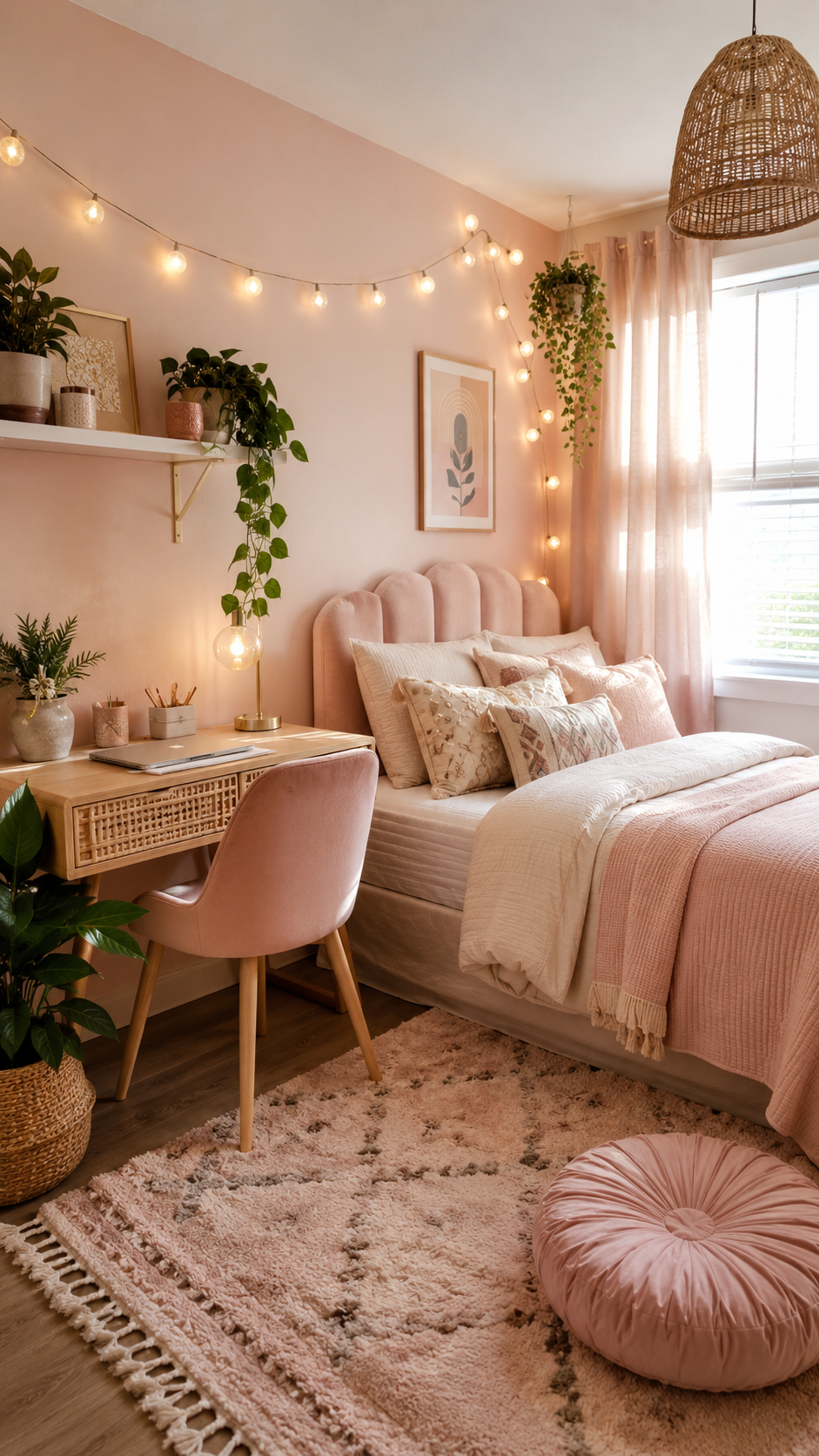 Pink boho bedroom with blush walls, scalloped upholstered headboard, soft pink curtains, cane-front desk, rattan pendant light, plants, string lights, and round floor cushion