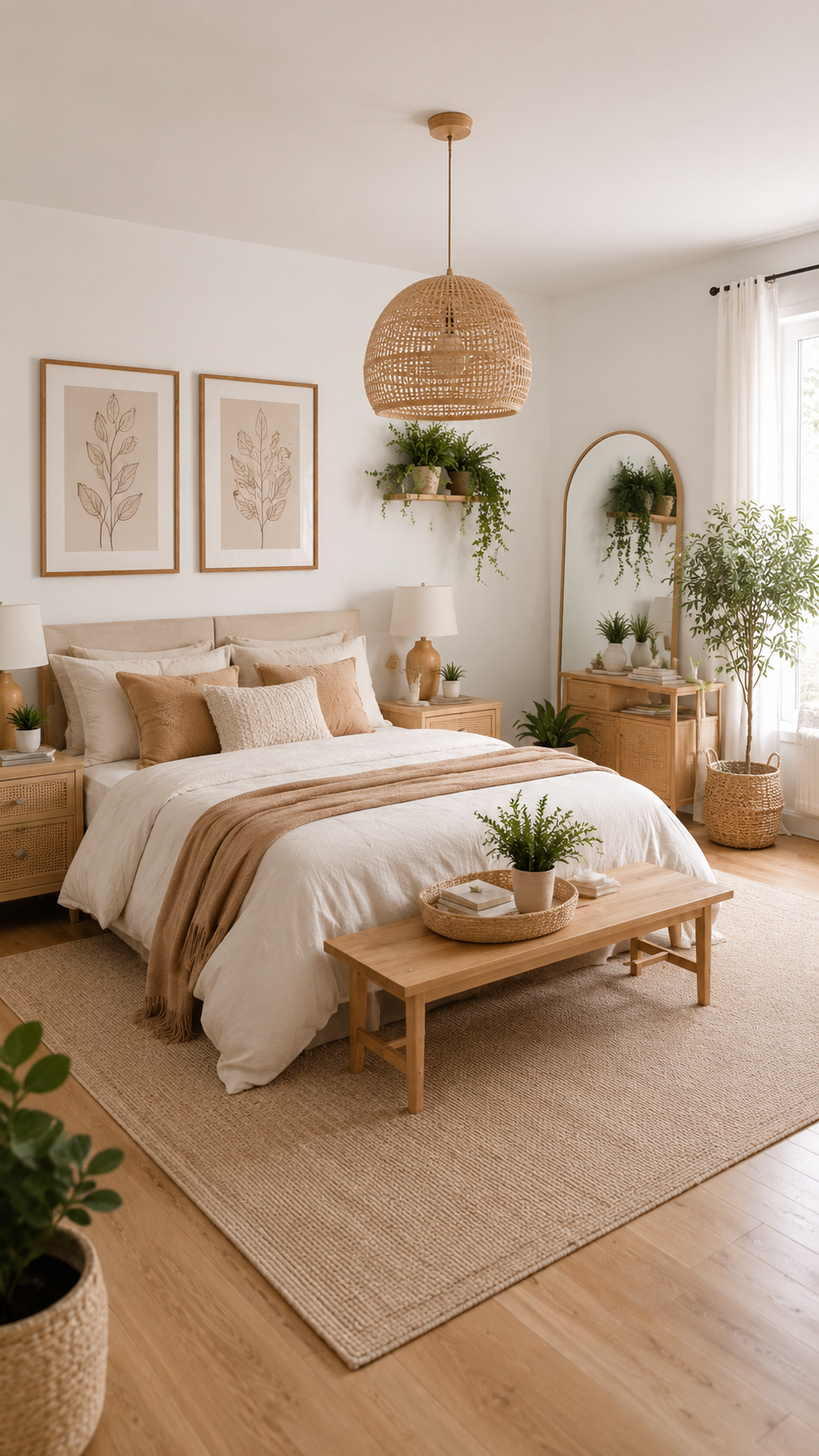 Bright neutral boho bedroom with white bedding, beige throw, botanical prints, cane-front nightstands, wooden bench, arched mirror, woven pendant, plants, and soft rug