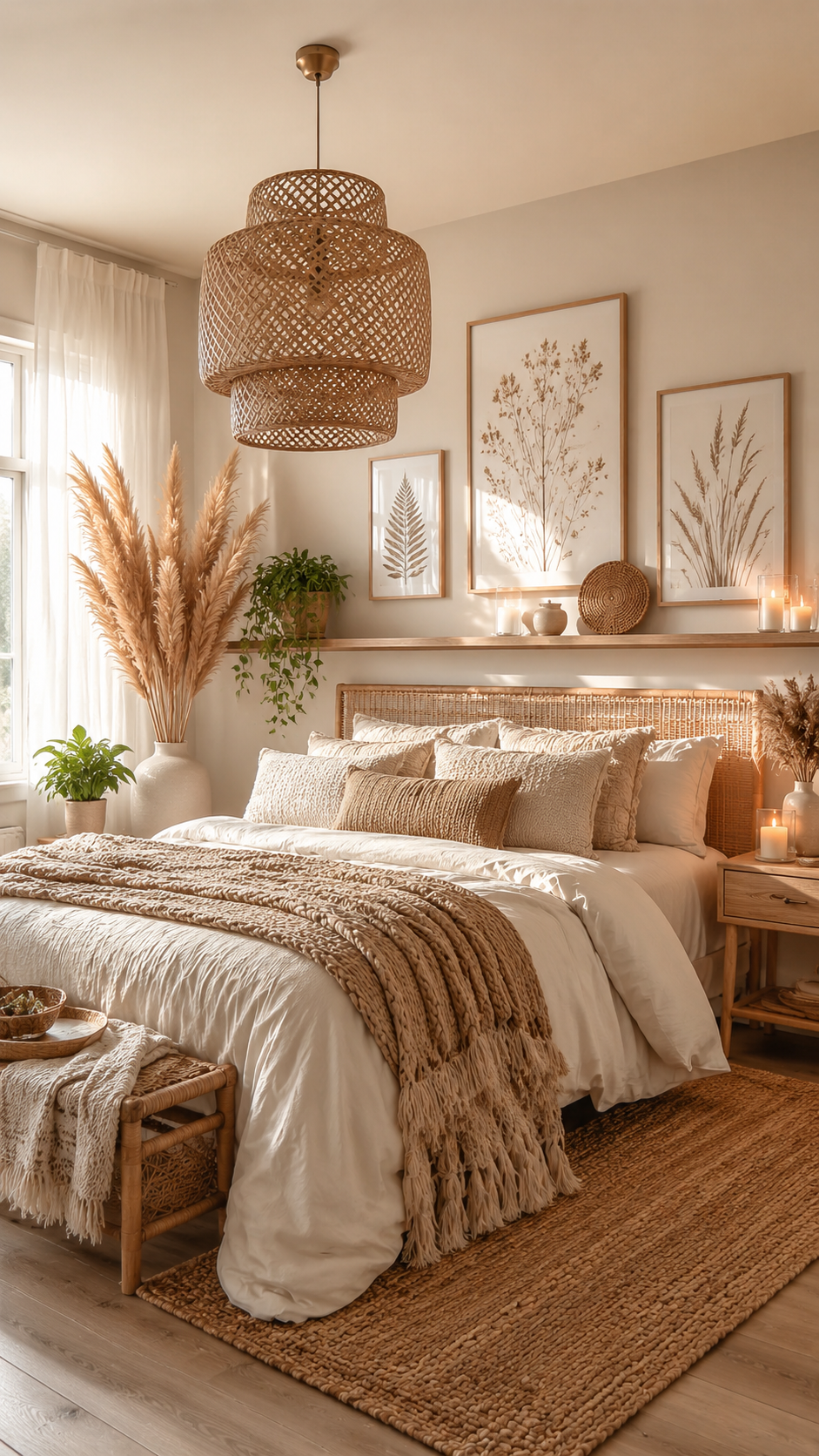 Sun-washed boho bedroom with white bedding, rattan headboard, woven throw, floating shelf, botanical artwork, pampas grass, pendant light, jute rug, and cane bench