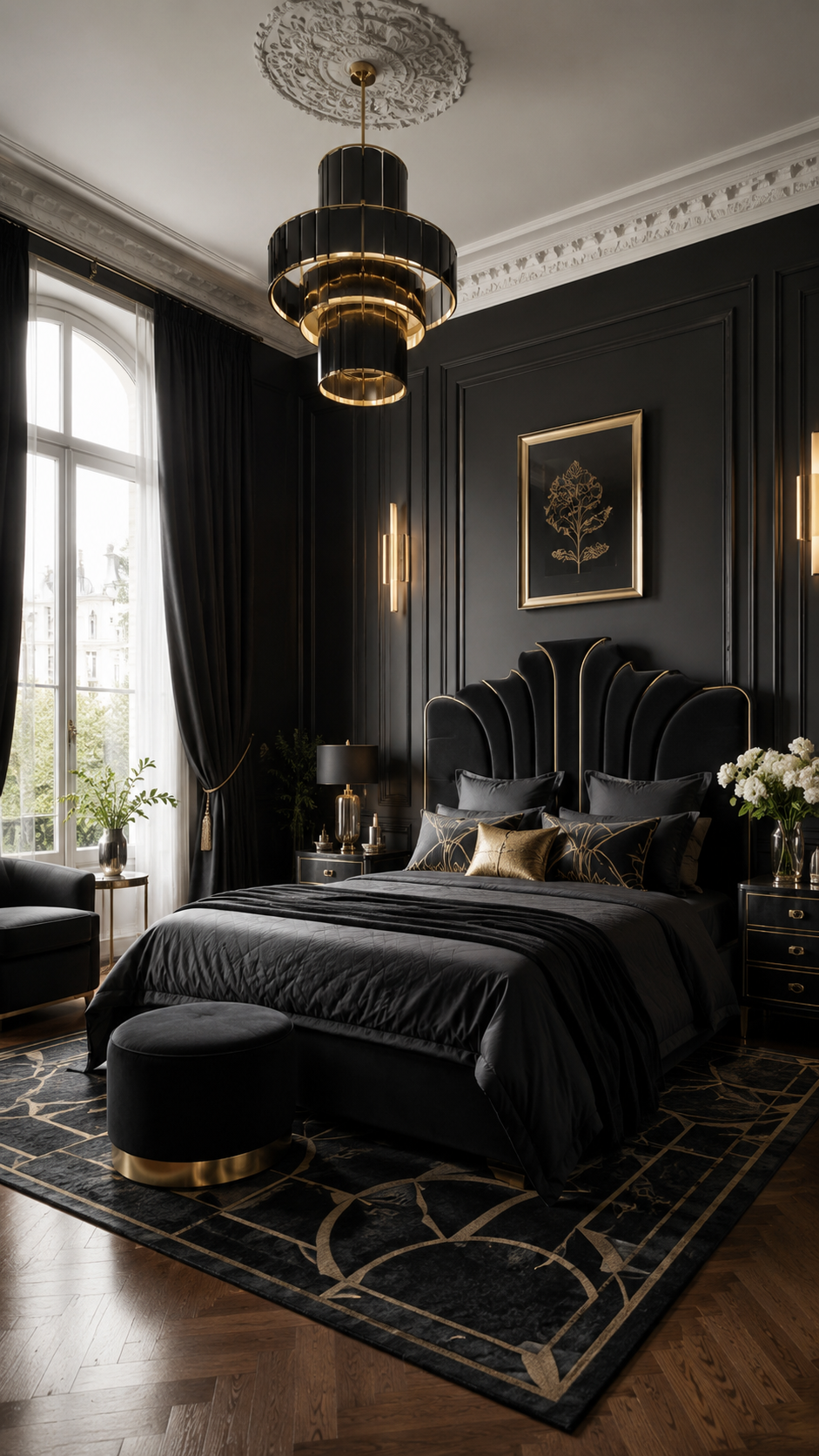 Black Nouveau bedroom with petal-shaped headboard, black wall paneling, gold piping, black chandelier, gold sconces, black rug, and arched window