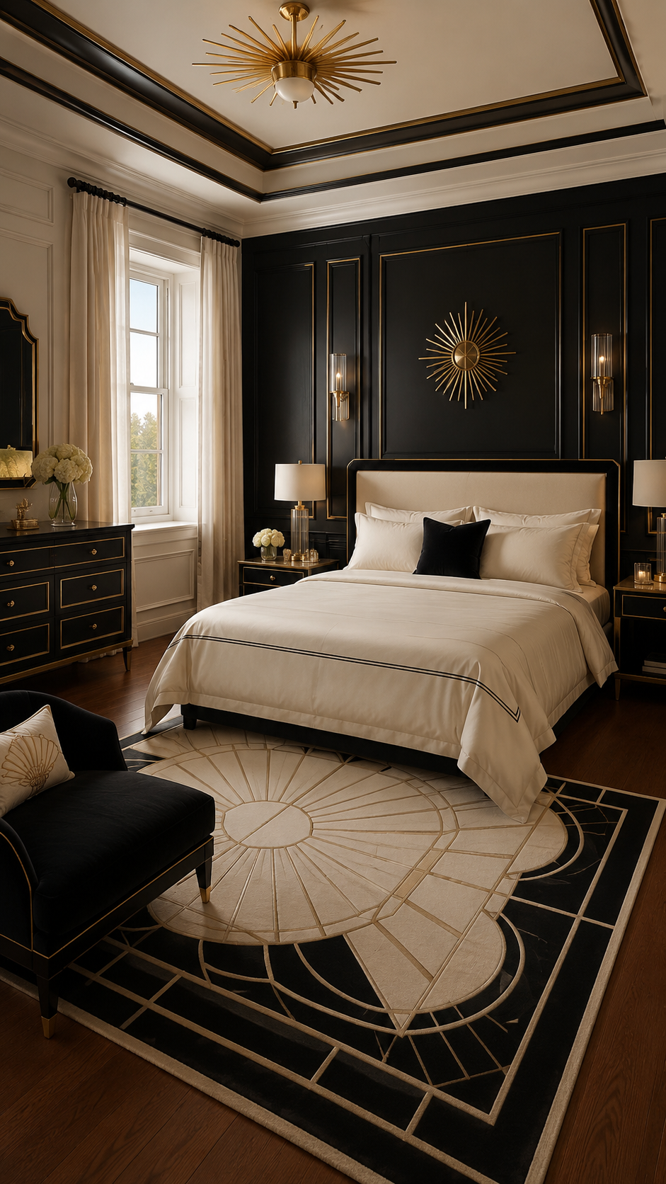 Black Nouveau bedroom with black and gold paneling, sunburst wall decor, ivory bed, gold ceiling light, black dresser, geometric rug, and ivory curtains