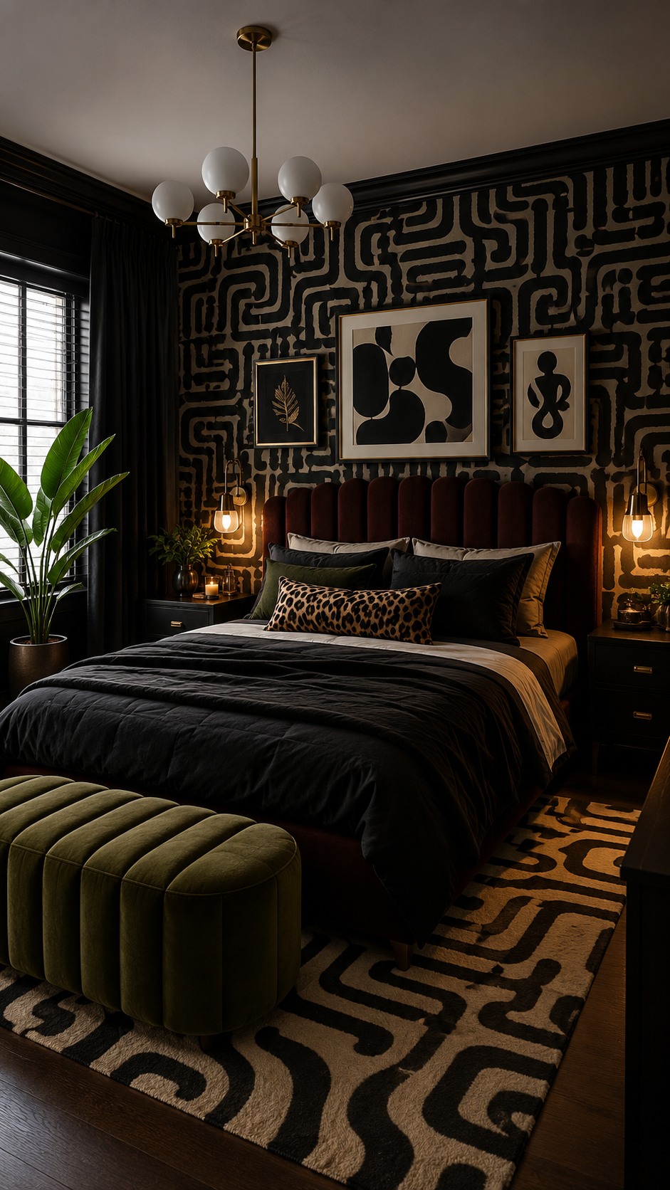 Graphic Black Nouveau bedroom with patterned wall covering, brown velvet headboard, leopard cushion, olive bench, wall lights, chandelier, black curtains, and plant