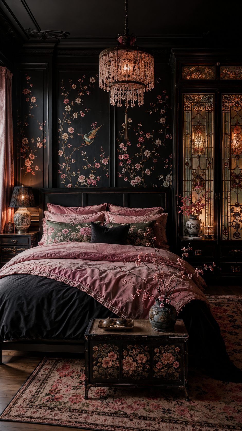 Romantic Black Nouveau bedroom with black floral wall, pink bedding, crystal pendant light, stained glass cabinet, floral storage chest, pink curtains, and layered rugs