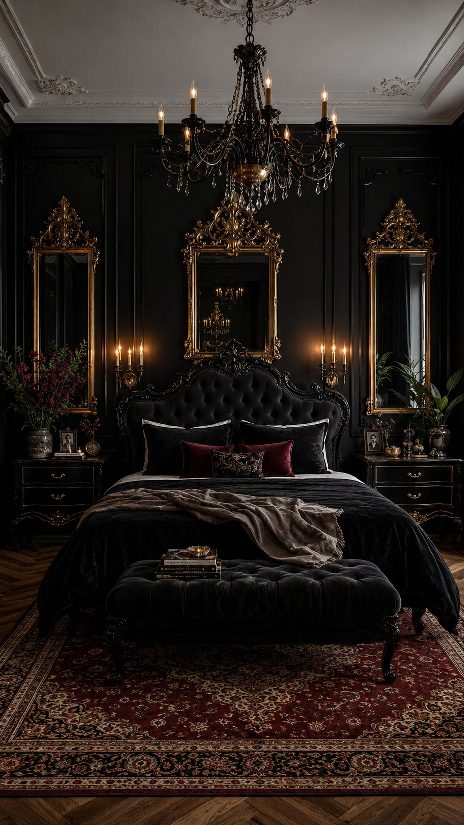 Majestic Black Nouveau bedroom with ornate tufted black bed, antique gold mirrors, chandelier, wall sconces, black bench, burgundy rug, and carved furniture