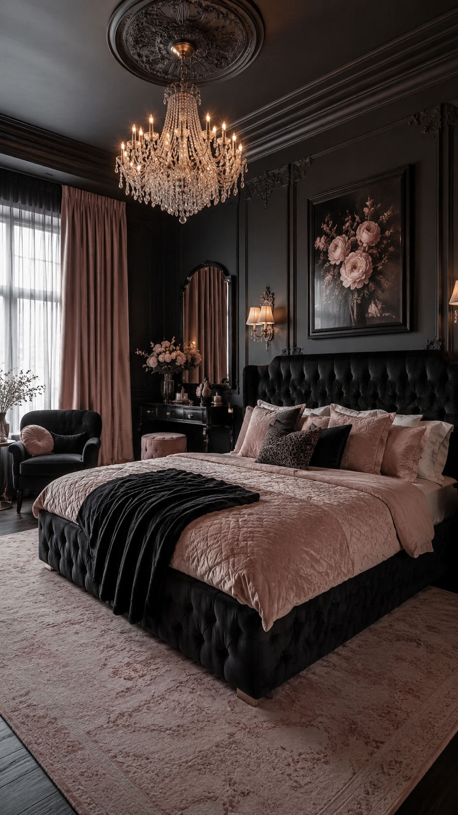 Blush and black Nouveau bedroom with tufted black headboard, dusty rose bedding, rose artwork, chandelier, blush curtains, vanity, pink rug, and black walls