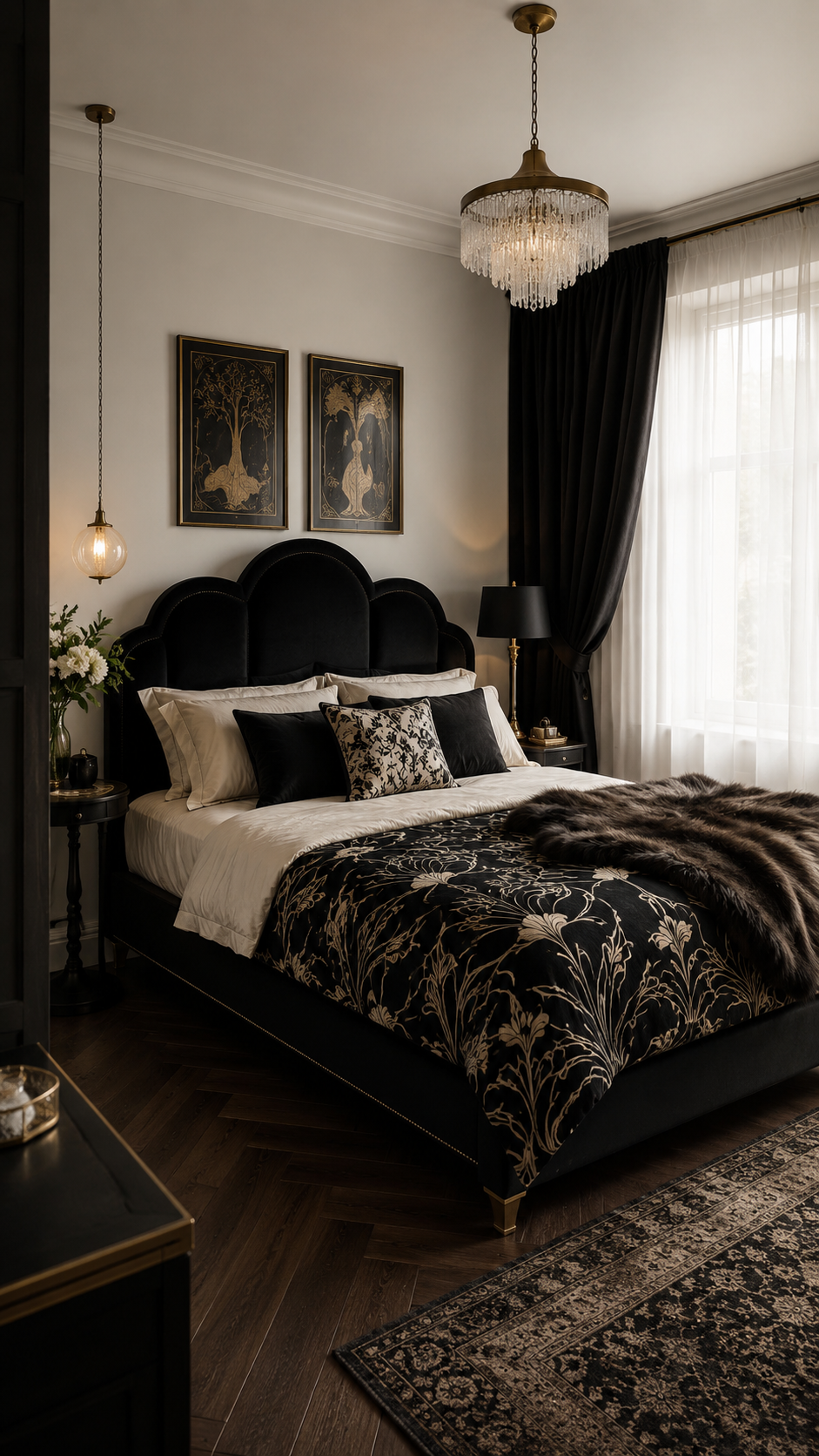 Black Nouveau bedroom with sculptural black petal headboard, ivory bedding, botanical pillow, floral coverlet, black drapes, chandelier, and gold accents