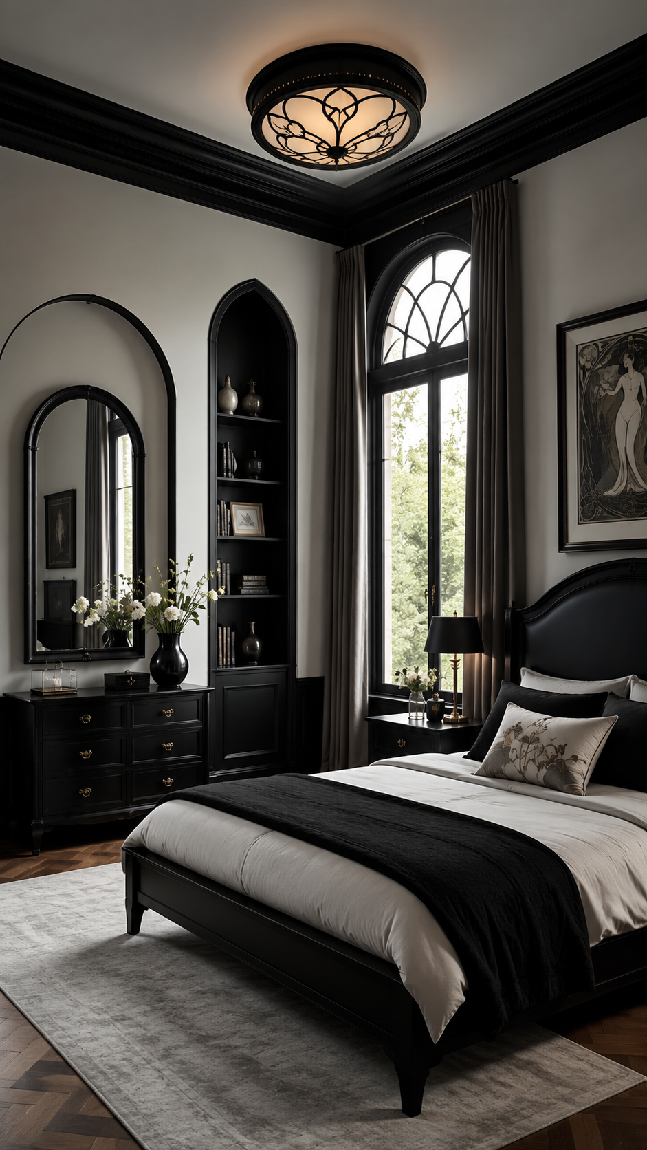 Black Nouveau bedroom ideas with black curved bed frame, arched window, arched mirror, cream bedding, black furniture, and elegant lighting