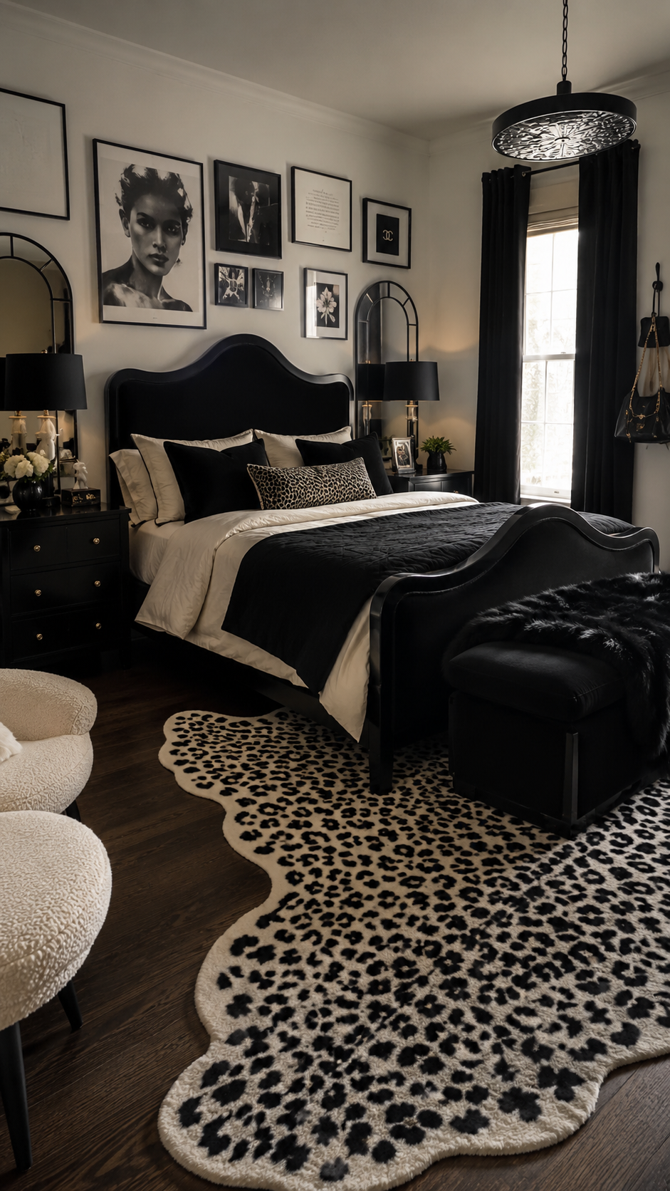 Black Nouveau bedroom with curved black bed, leopard-print cushion, animal-print rug, gallery wall, arched mirrors, black curtains, and cream chairs