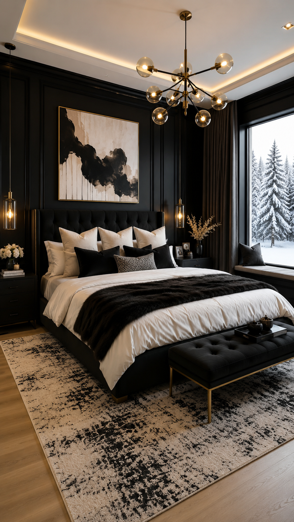 Modern Black Nouveau bedroom with black tufted headboard, white bedding, gold accents, abstract artwork, globe chandelier, window seat, and snowy window view