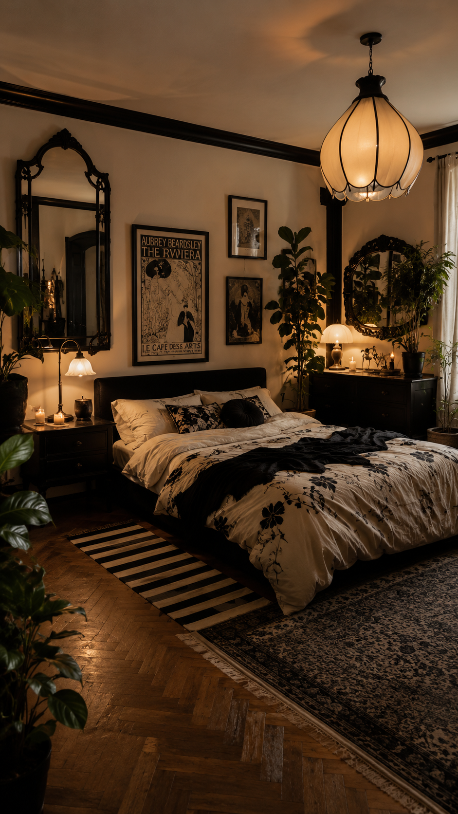 Vintage Black Nouveau bedroom with black bed, floral bedding, Art Nouveau gallery wall, ornate mirror, plants, pendant light, layered rugs, and warm wood floor