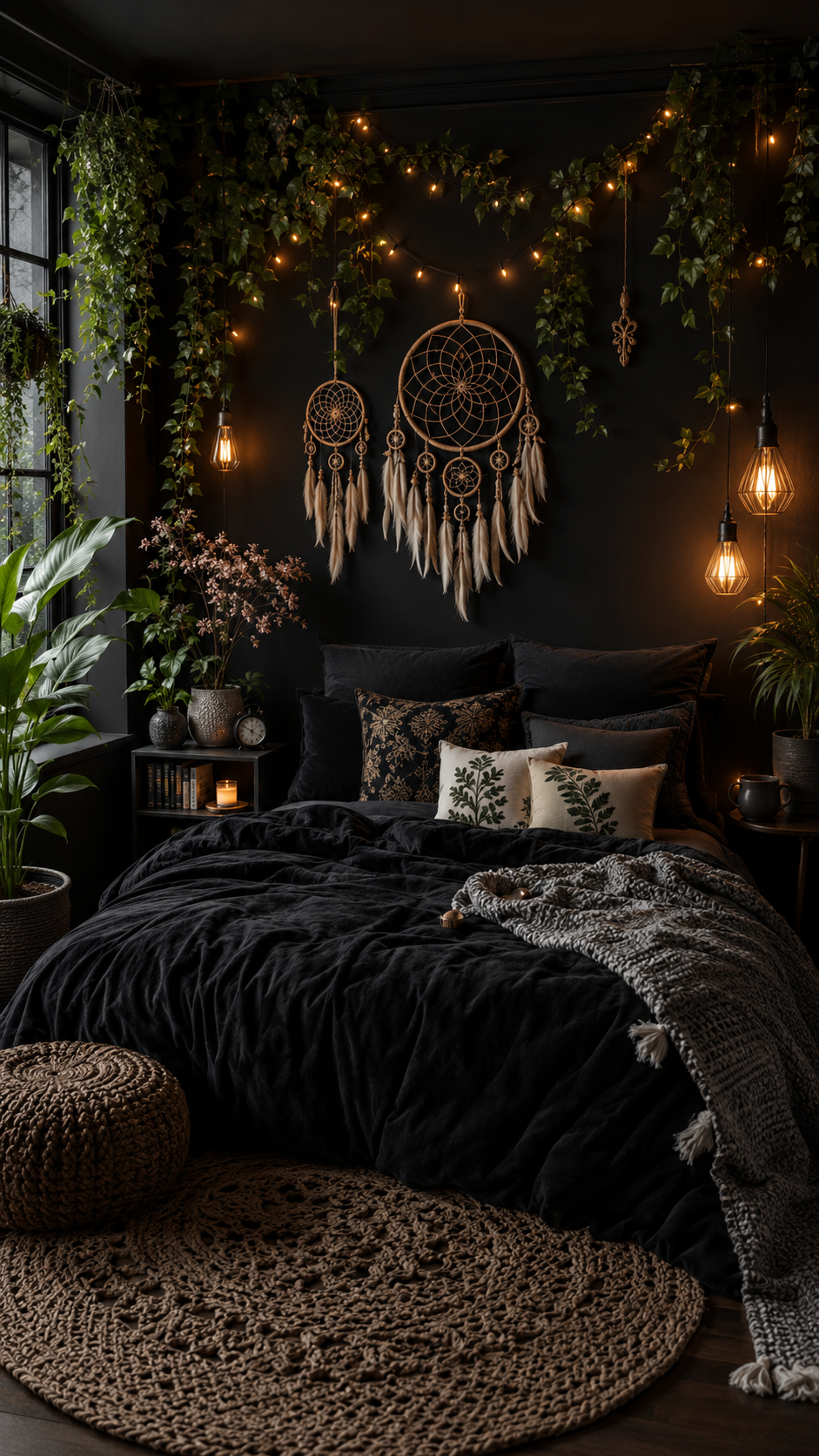 Botanical Black Nouveau bedroom with black walls, black bedding, dreamcatchers, trailing vines, string lights, pendant bulbs, plants, crochet rug, and knitted pouf