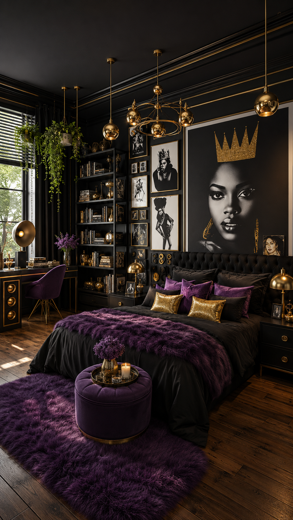 Black Nouveau bedroom with black walls, purple bedding, gold molding, portrait artwork, purple rug, velvet ottoman, chandelier, and gold accents