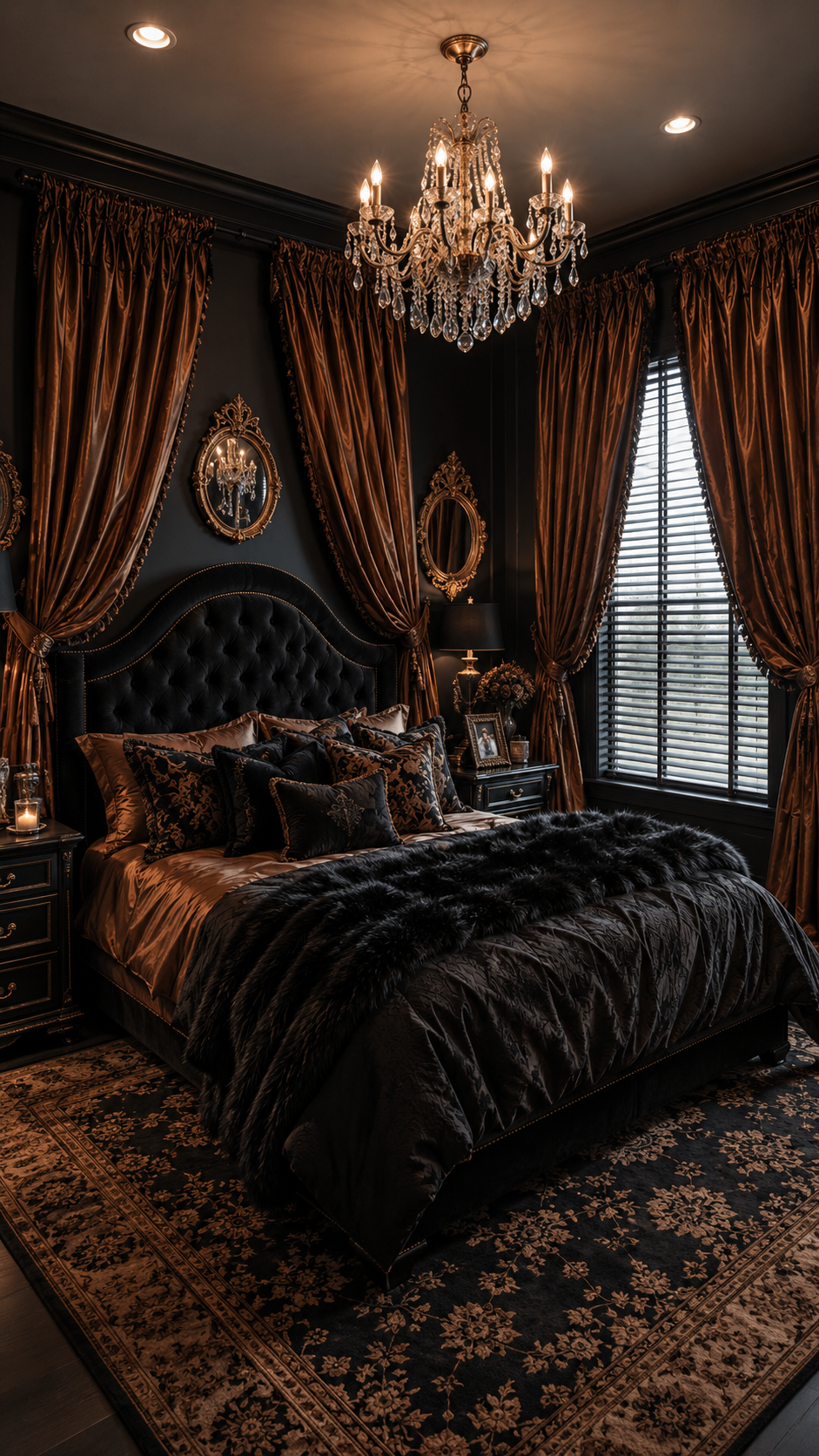 Black Nouveau bedroom with tall curved velvet headboard, bronze bedding, crystal chandelier, oval mirrors, bronze curtains, black nightstands, and floral rug