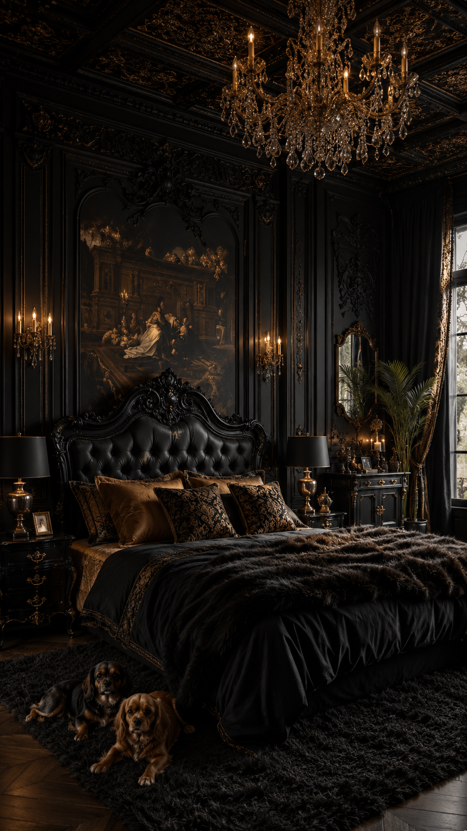 Opulent Black Nouveau bedroom with carved black bed, coffered ceiling, crystal chandelier, classical artwork, black shag rug, gold details, and indoor palm