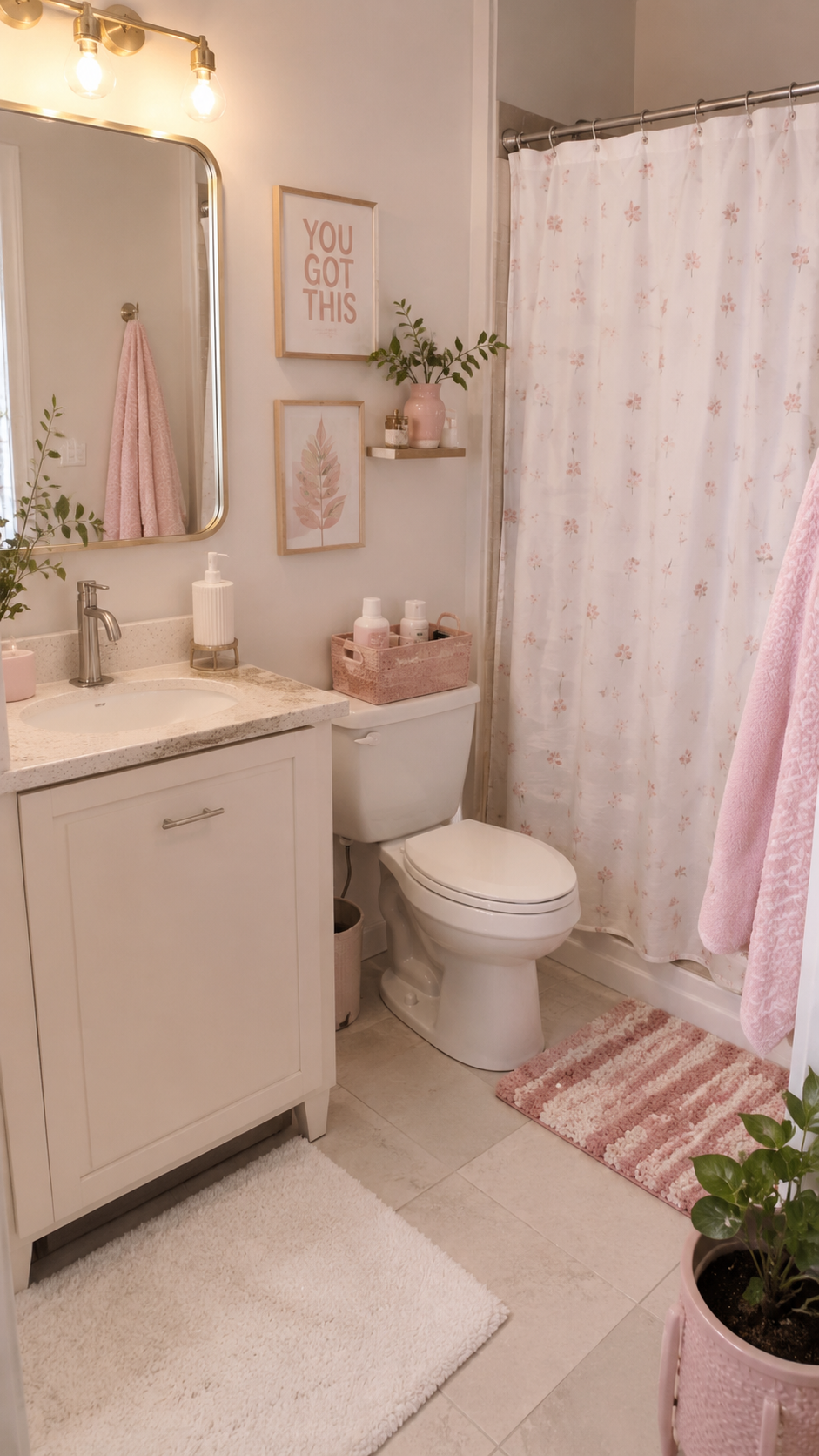 Dorm bathroom ideas with blush towels, floral shower curtain, white vanity, rounded mirror, floating shelf, plants, wall art, and soft bath mats