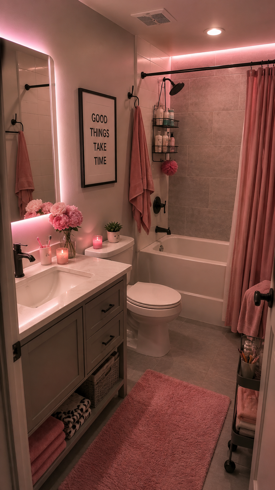 Pink dorm bathroom with glowing mirror, gray vanity, pink rug, blush shower curtain, candles, flowers, rolling cart, and black fixtures