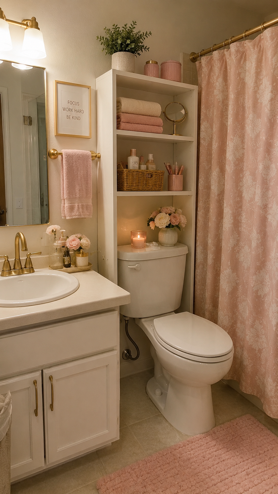 Blush and gold dorm bathroom with over-toilet shelving, folded towels, gold faucet, blush shower curtain, flowers, storage baskets, and bath mat