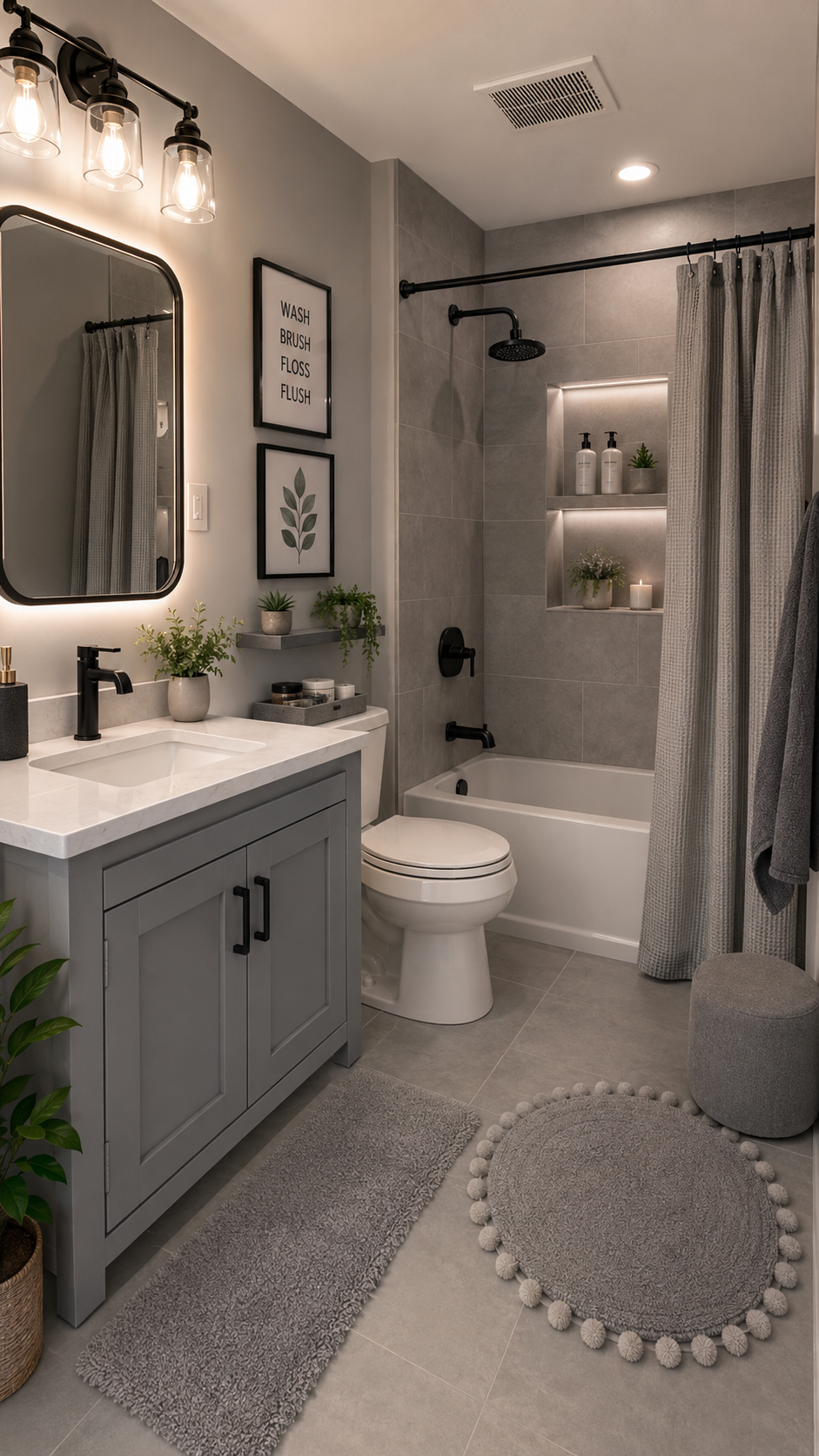Modern gray dorm bathroom with black accents, backlit mirror, gray vanity, shower niche, plants, runner rug, round rug, and wall art