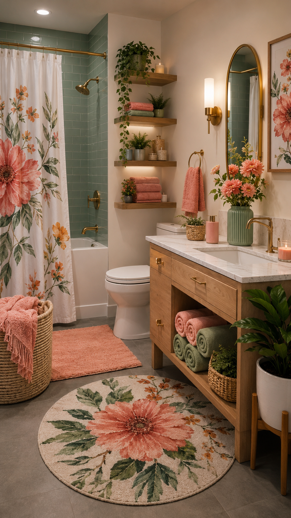 Botanical dorm bathroom with coral floral shower curtain, sage green shower tile, wood vanity, gold fixtures, floating shelves, plants, towels, and floral rug