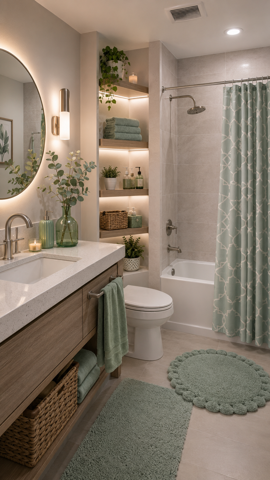 Sage green dorm bathroom with wood vanity, round backlit mirror, illuminated shelves, green towels, woven baskets, plants, soft rugs, and patterned shower curtain