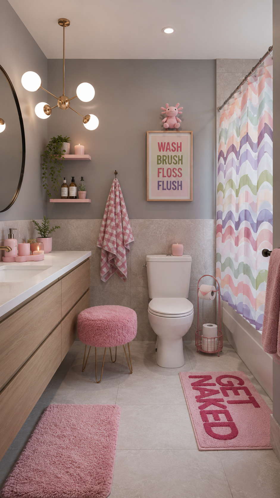 Colorful pastel dorm bathroom with wave shower curtain, pink shelves, wood vanity, brass light, pink rugs, playful bath mat, plants, and cute accessories