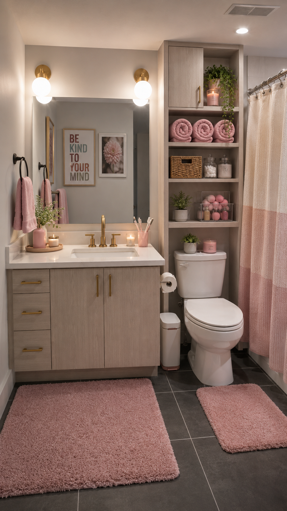 Blush dorm bathroom with wood vanity, built-in shelving, rolled pink towels, gold faucet, candles, plants, blush rugs, shower curtain, and storage baskets