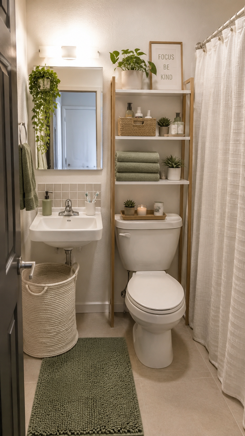Sage dorm bathroom with ladder shelf over toilet, wall-mounted sink, white shower curtain, green towels, woven laundry basket, plants, bath runner, and simple decor