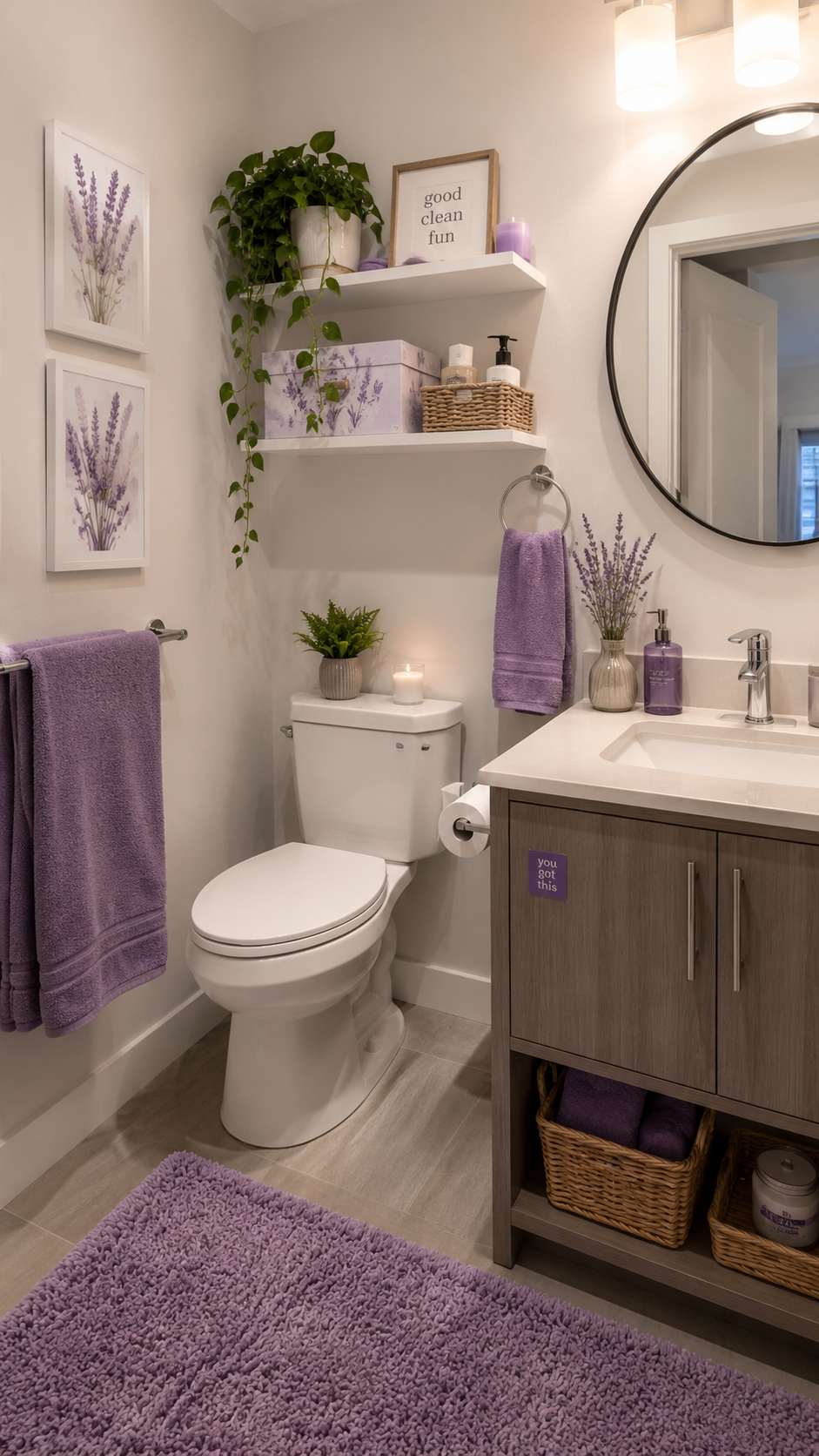 Lavender dorm bathroom with round mirror, wood vanity, floating shelves, purple towels, lavender rug, baskets, plants, candles, and botanical prints