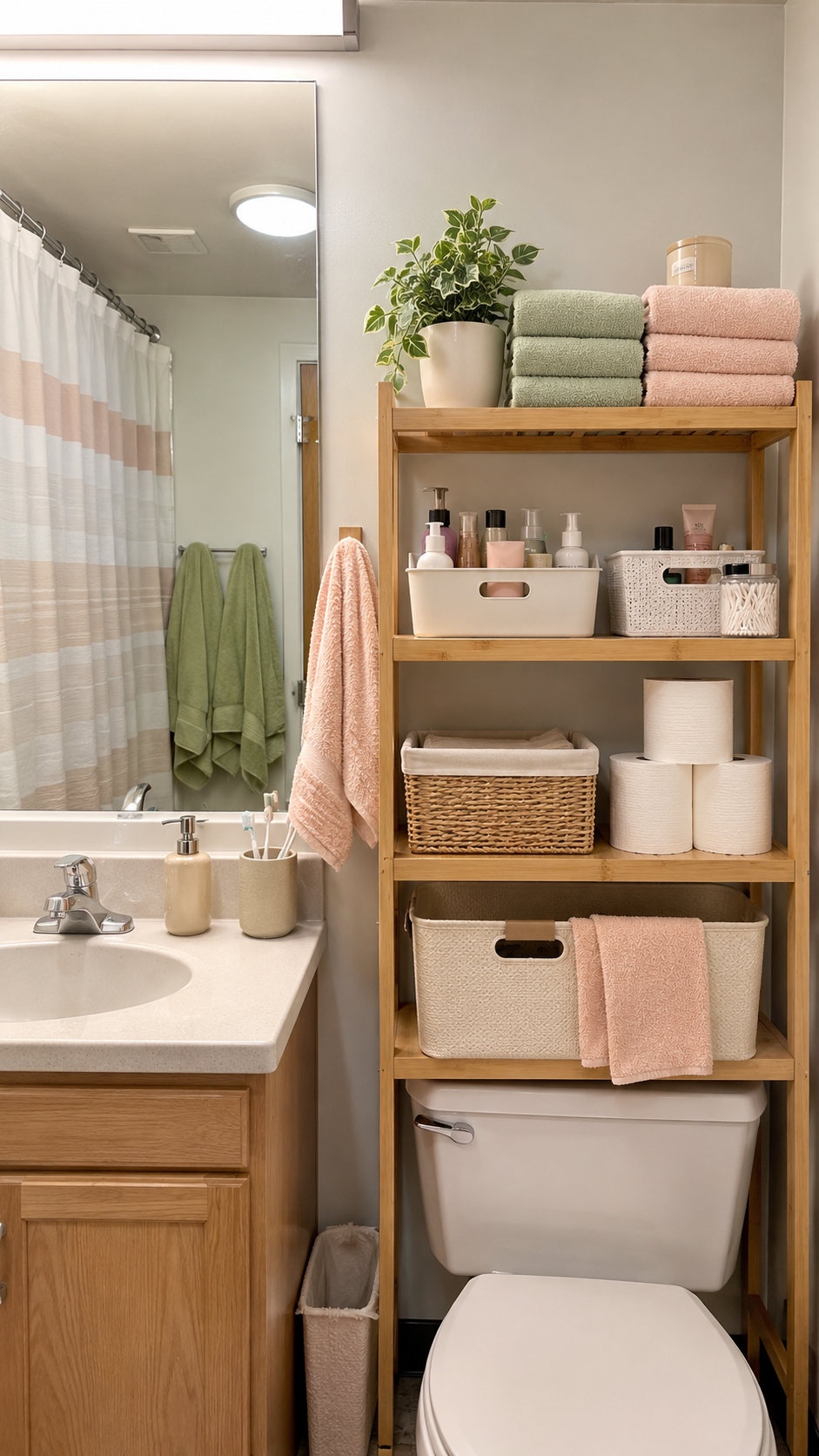 Organized dorm bathroom with bamboo shelf over toilet, wood vanity, striped shower curtain, sage towels, storage bins, woven baskets, plant, and mirror