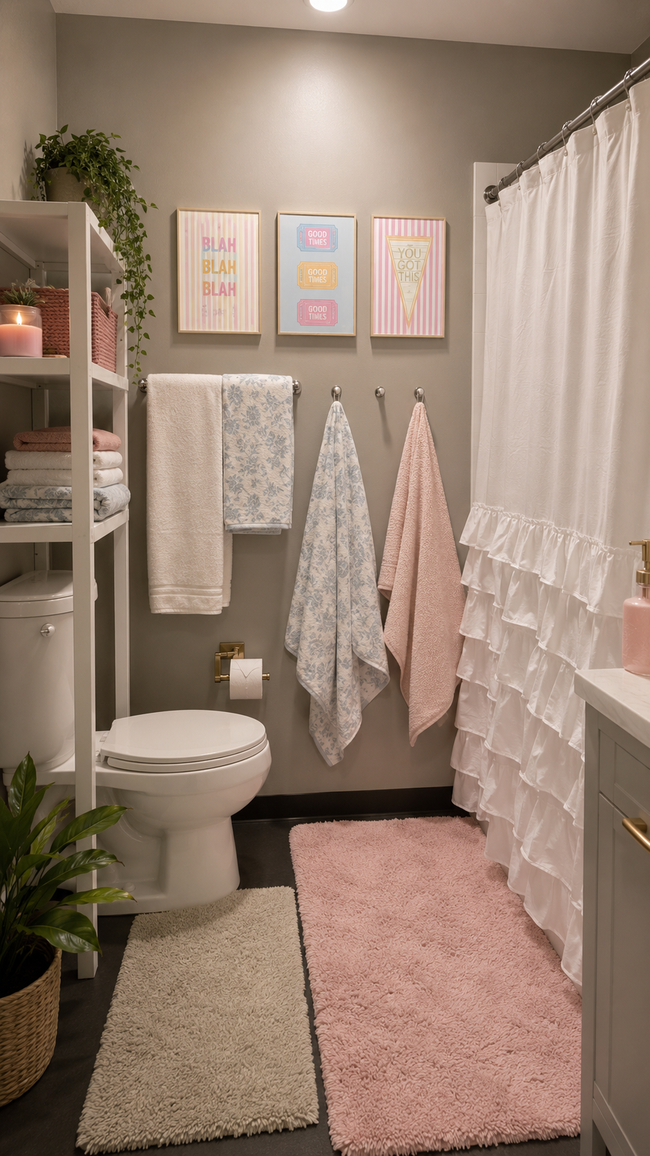 Pastel dorm bathroom with ruffled white shower curtain, towel hooks, framed prints, over-toilet shelf, folded towels, pink baskets, rugs, and plants