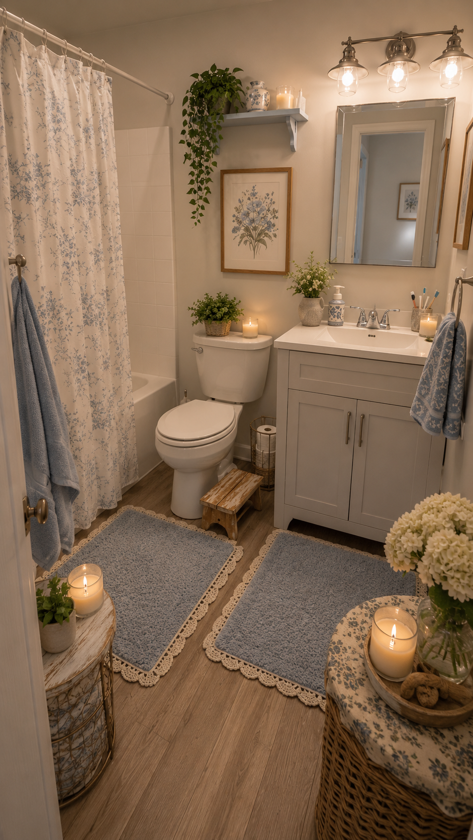 Blue floral dorm bathroom with gray vanity, botanical shower curtain, floating shelf, candles, plants, blue rugs, woven basket, and cottage decor