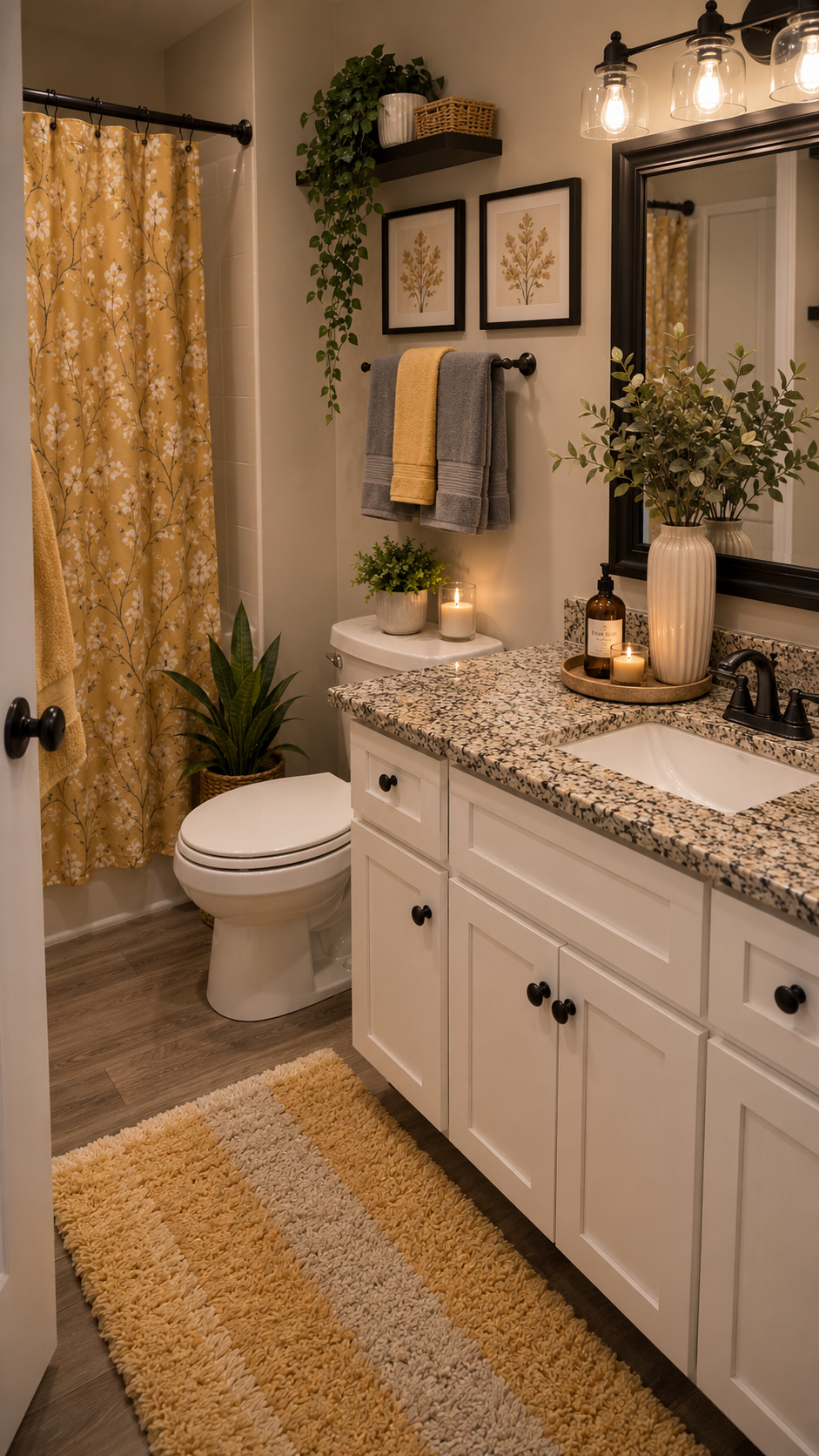 Mustard yellow dorm bathroom with floral shower curtain, white vanity, black accents, botanical prints, floating shelf, snake plant, striped rug, and towels
