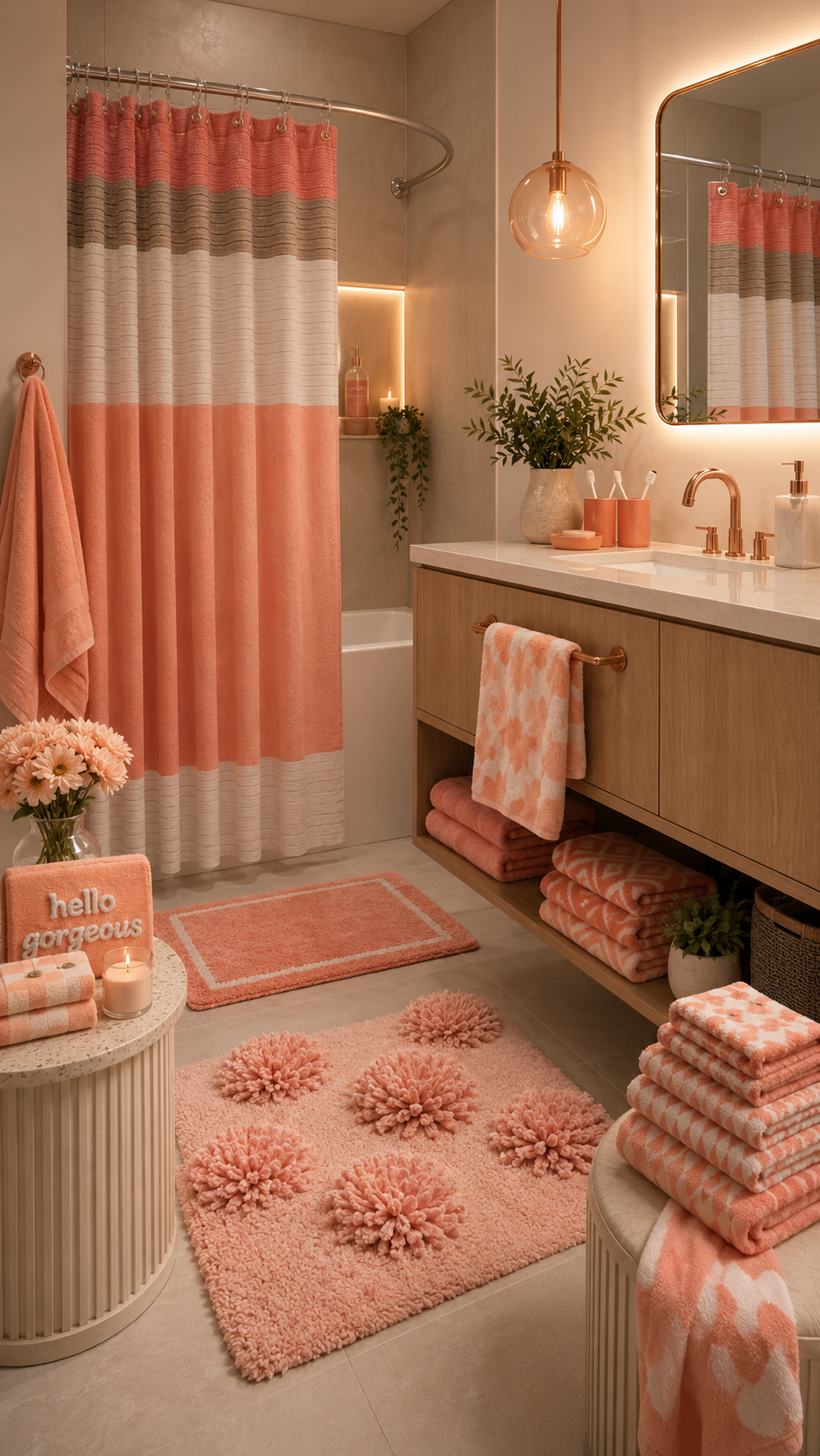 Coral peach dorm bathroom with color-block shower curtain, wood vanity, rose-gold faucet, pom-pom rug, folded towels, flowers, pendant light, and open shelf