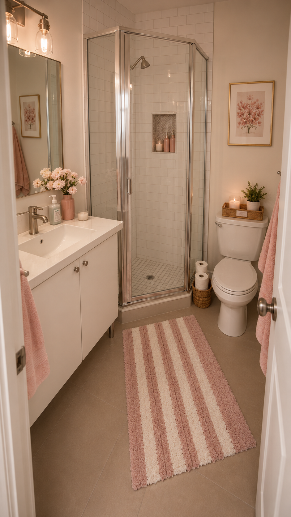 Soft blush dorm bathroom with glass corner shower, white vanity, striped bath rug, botanical print, woven storage basket, flowers, candles, and pink towels