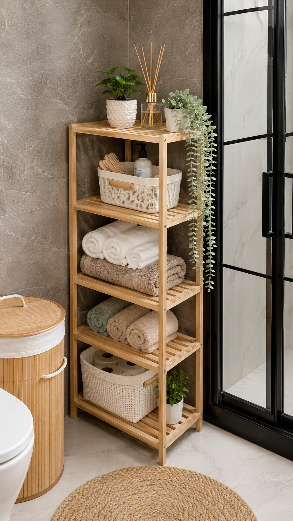 Bathroom organizer ideas with bamboo shelving unit, rolled towels, woven baskets, plants, toilet paper storage, shower enclosure, and spa-style decor