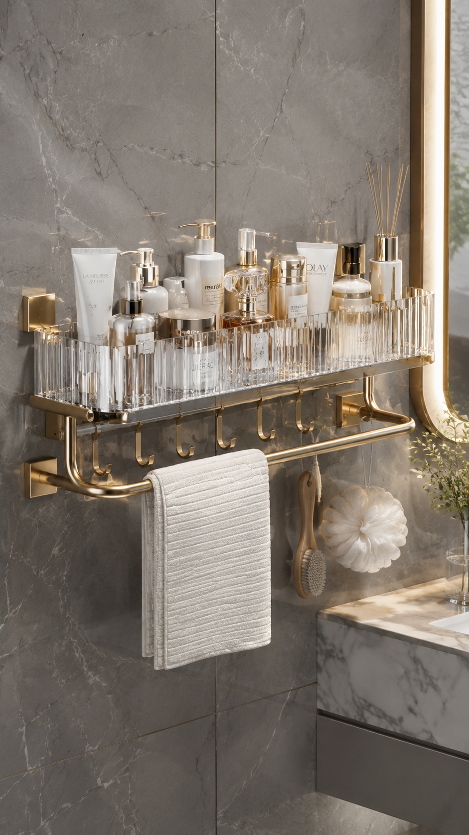 Wall-mounted bathroom organizer with gold frame, clear tray, skincare bottles, towel rail, hooks, bath brush, sponge, marble wall, and mirror light
