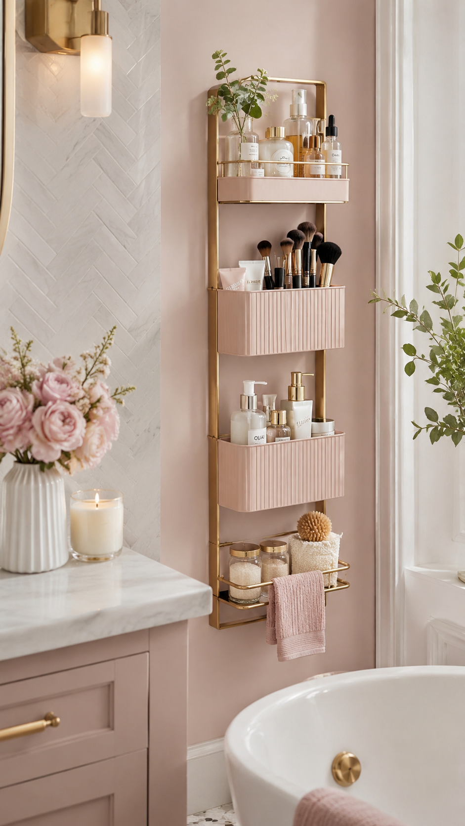 Blush pink bathroom organizer with gold frame, beauty products, makeup brushes, bath salts, pink towel, bathtub, roses, candle, and feminine decor
