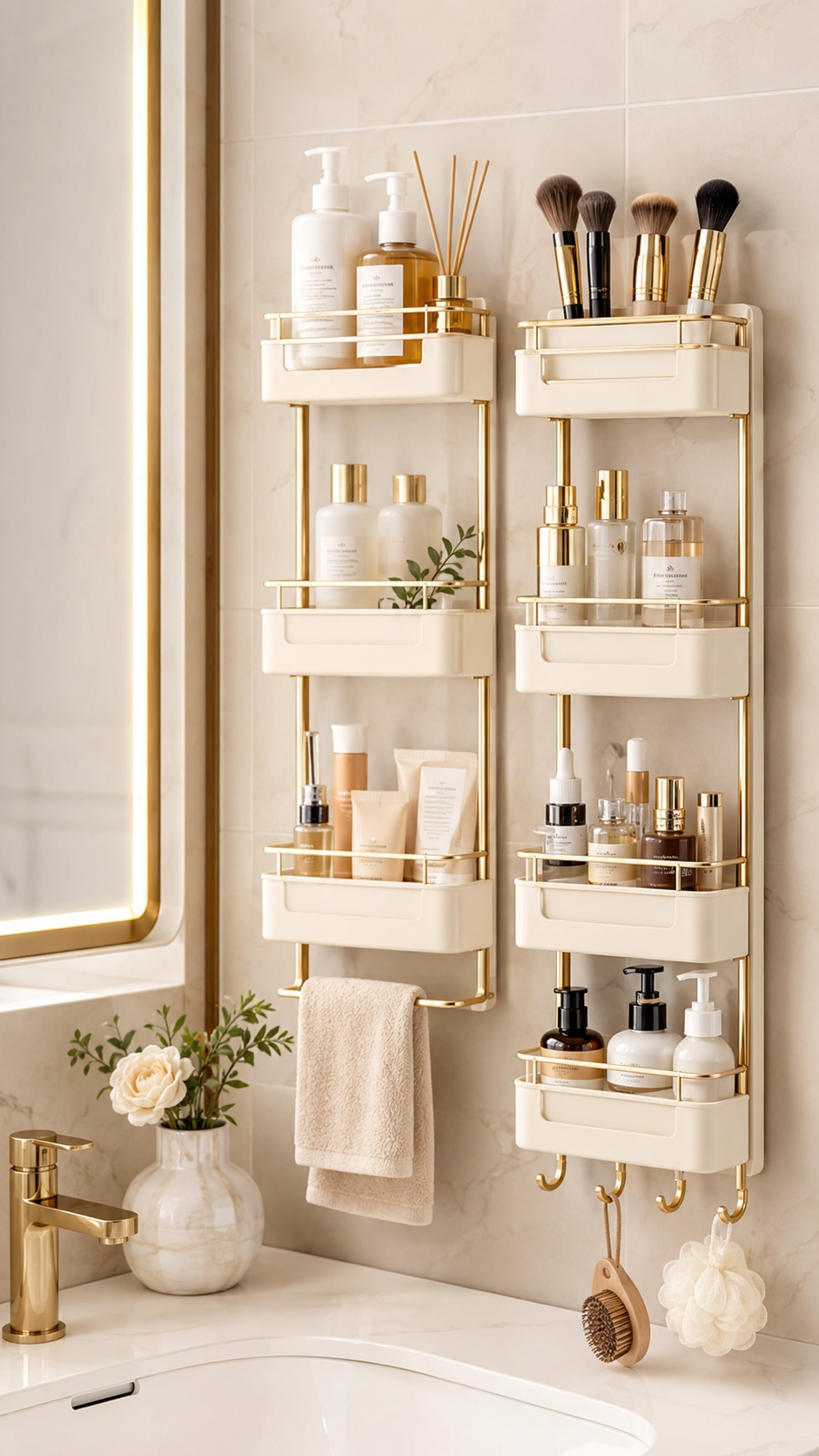 Double wall-mounted bathroom organizers with cream trays, gold rails, makeup brushes, skincare products, hand towel, hooks, gold faucet, and marble wall
