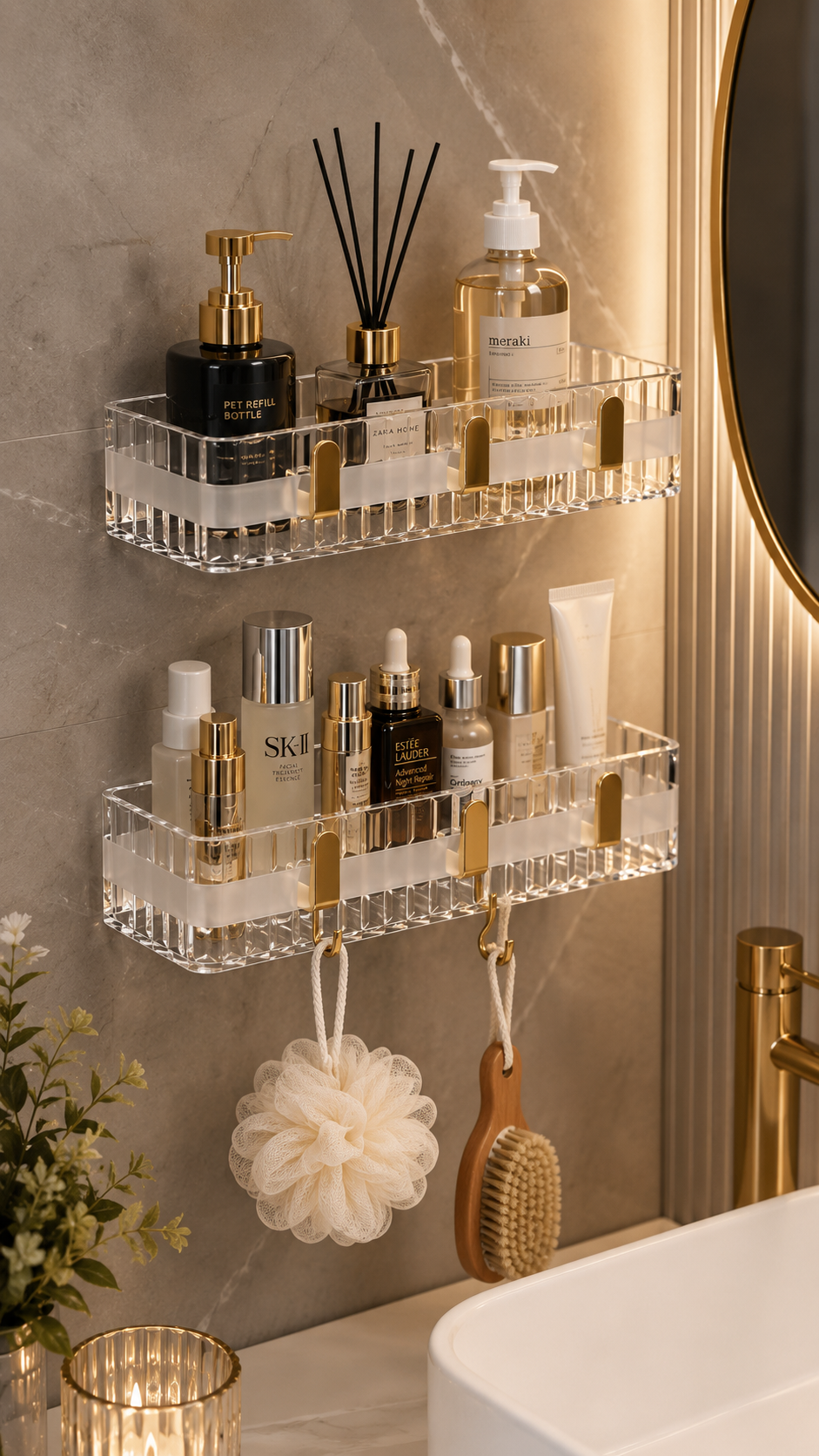 Clear acrylic bathroom organizer shelves with gold brackets, skincare bottles, reed diffuser, soap dispenser, hooks, bath sponge, body brush, candle, and marble wall