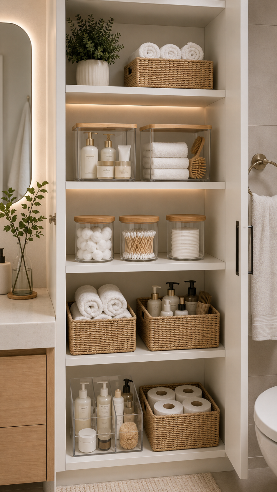 Built-in bathroom organizer cabinet with illuminated shelves, woven baskets, rolled towels, glass containers, cotton jars, toiletries, plant, and modern vanity