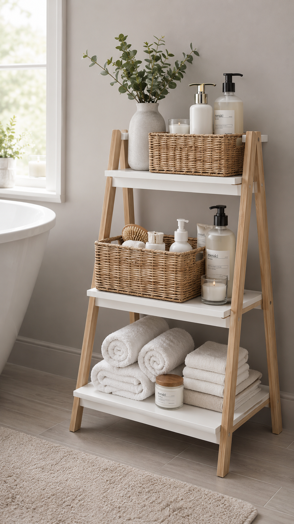 Bamboo ladder bathroom organizer with white shelves, woven baskets, folded towels, candles, green branches, freestanding bathtub, window, and neutral decor