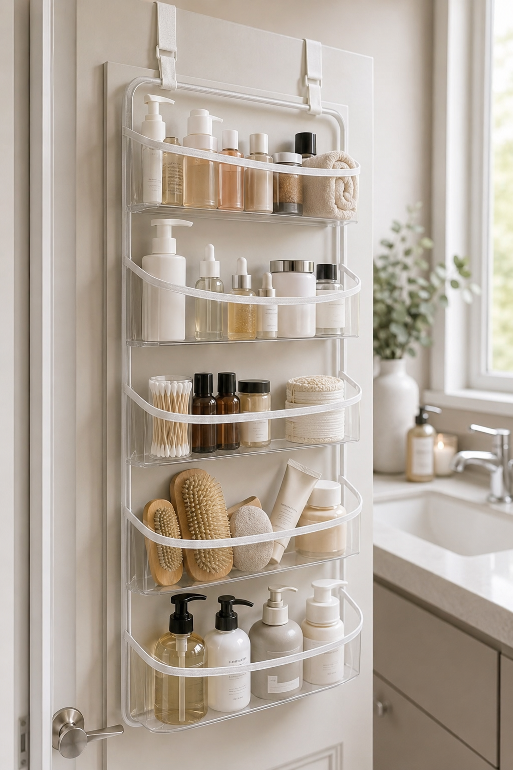 Over-the-door bathroom organizer with clear shelves, skincare bottles, cotton swabs, bath brushes, sponges, lotions, white door, vanity, and greenery