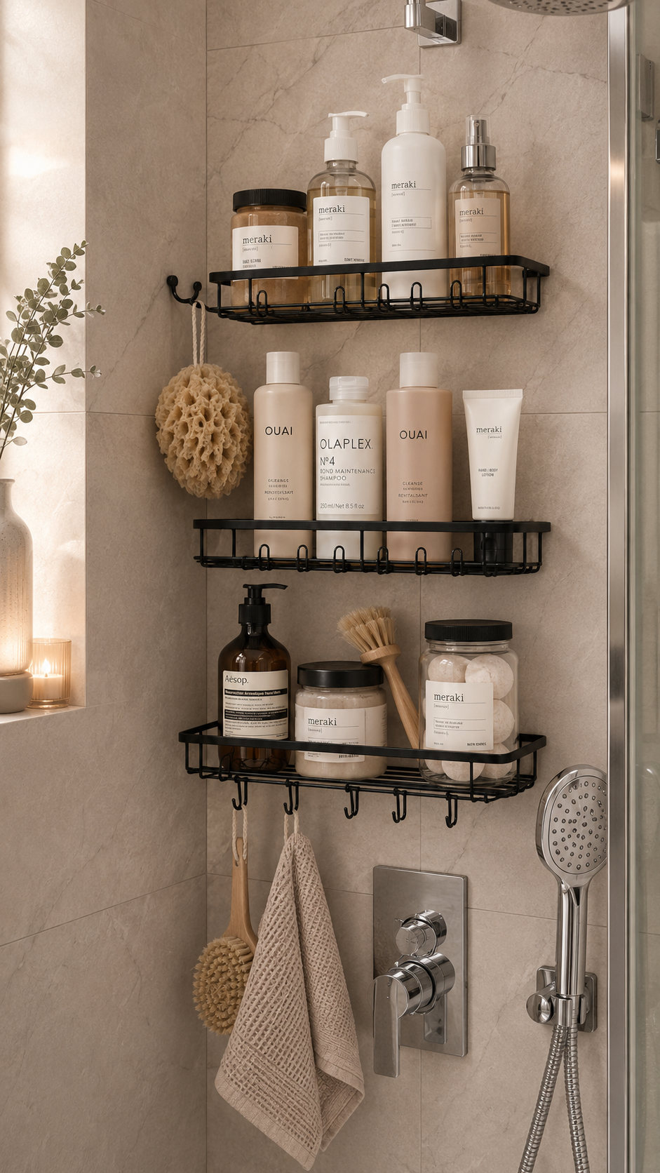 Black metal shower organizer shelves with shampoo bottles, body wash, bath sponge, body brush, hooks, beige marble shower tile, candle, and greenery
