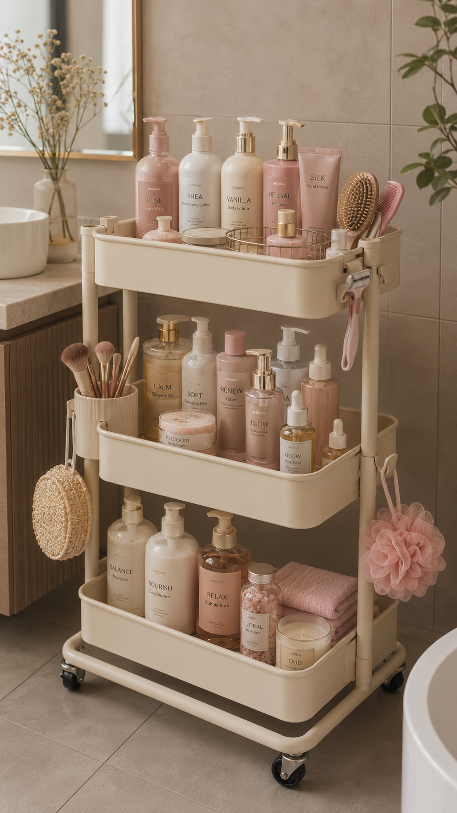 Rolling bathroom organizer cart with three tiers, blush beauty products, makeup brushes, bath salts, towels, candles, shower sponges, wood vanity, and gold mirror