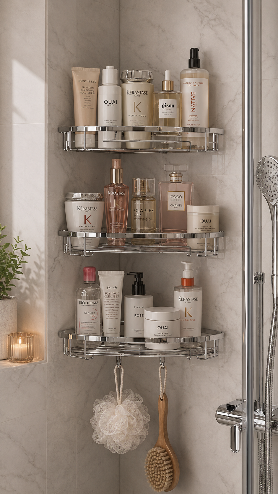 Chrome corner shower organizer with three wire shelves, shampoo bottles, skincare products, bath pouf, wooden brush, candle niche, marble tile, and glass shower