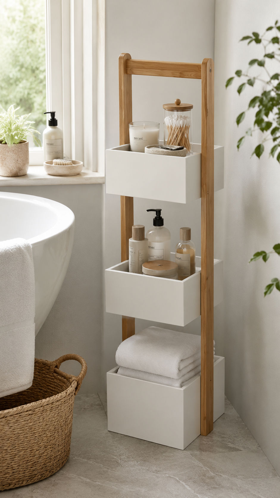 Freestanding bathroom organizer with wood frame, white storage boxes, folded towels, skincare jars, candle, bathtub, woven basket, plants, and window light