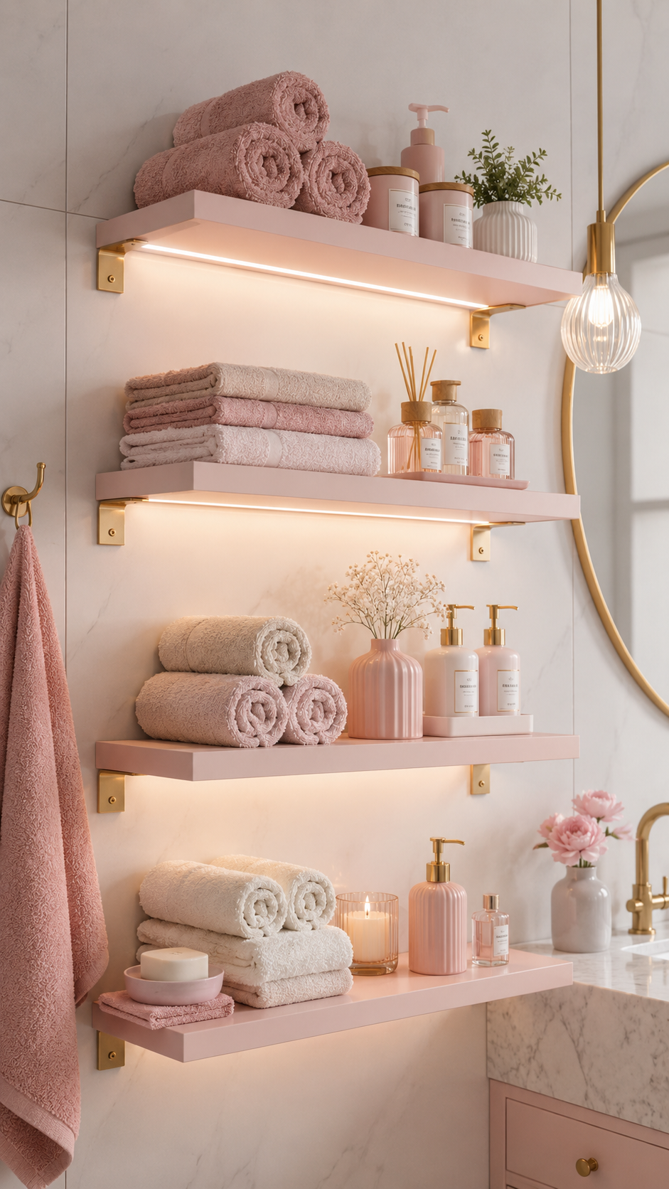 Blush floating bathroom shelves with rolled towels, folded towels, candles, flowers, soap dispensers, gold brackets, mirror, pendant light, and marble wall