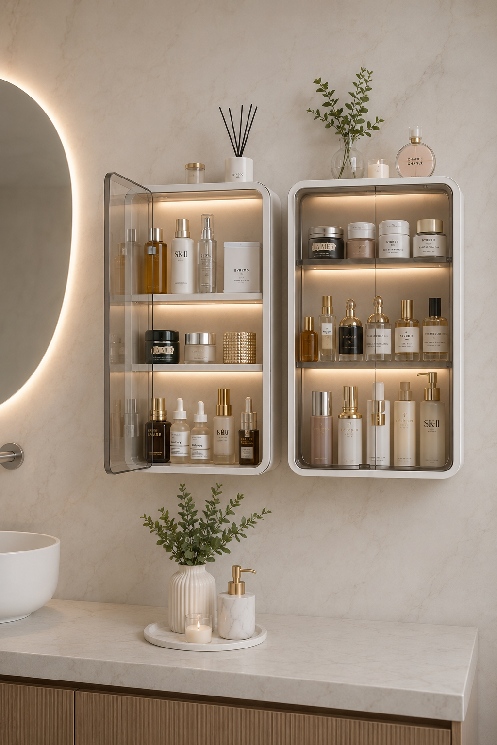 Illuminated wall-mounted bathroom organizer cabinets with transparent doors, skincare products, perfumes, candles, reed diffuser, vanity tray, greenery, and marble wall