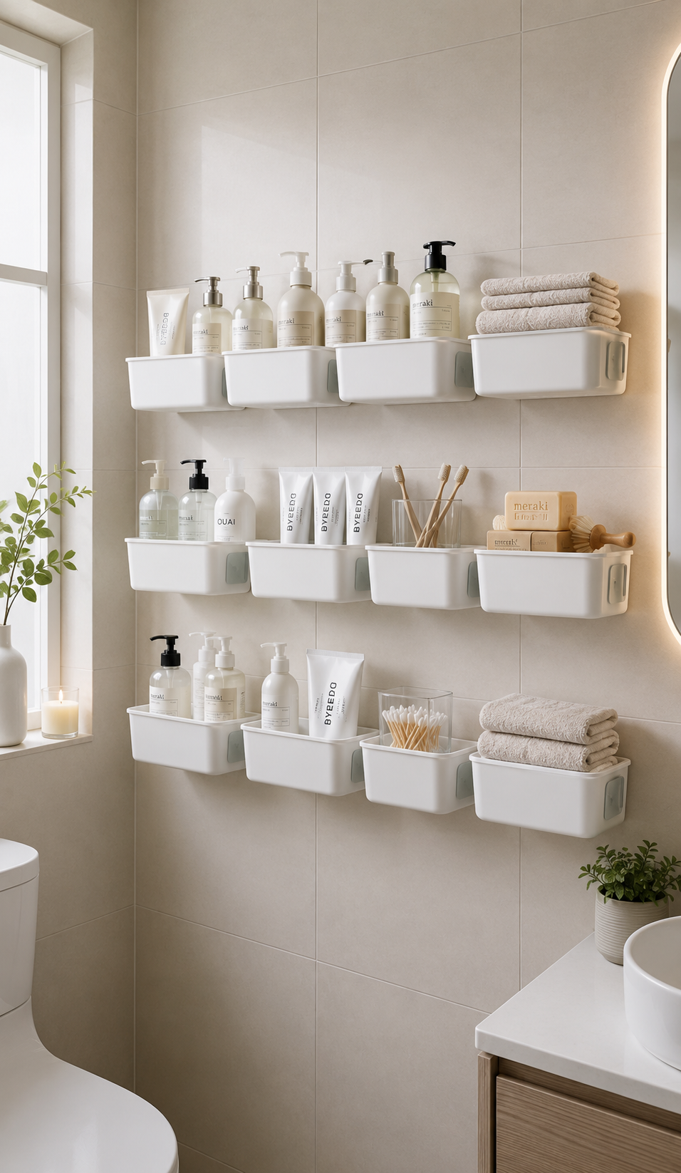 Wall-mounted bathroom organizer bins with white storage containers, folded towels, skincare bottles, cotton swabs, plants, window, vessel sink, and wood vanity